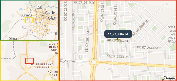 Map showing the address of KK_07_2467 St. in three different zoom levels.