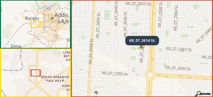 Map showing the address of KK_07_2614 St. in three different zoom levels.