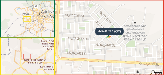 Map showing the address of ፋሩቅ መስጅድ (ሮም) in three different zoom levels.