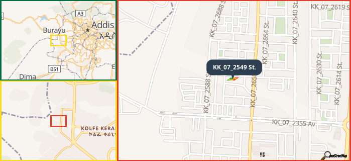 Map showing the address of KK_07_2549 St. in three different zoom levels.