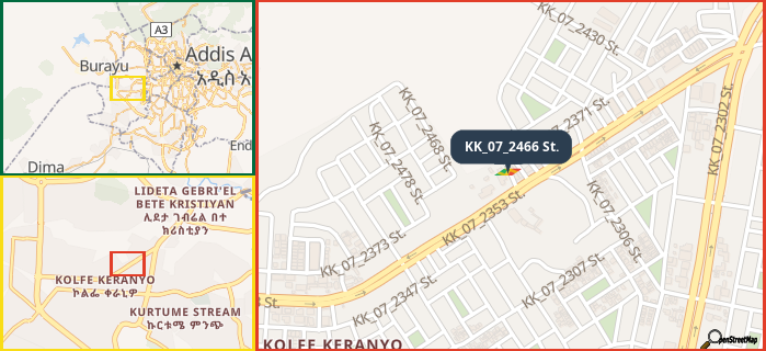 Map showing the address of KK_07_2466 St. in three different zoom levels.