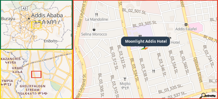 Map showing the address of Moonlight Addis Hotel in three different zoom levels.