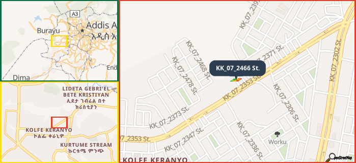 Map showing the address of KK_07_2466 St. in three different zoom levels.