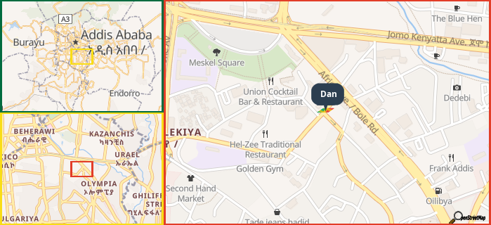 Map showing the address of Dan in three different zoom levels.