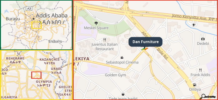 Map showing the address of Dan Furniture in three different zoom levels.