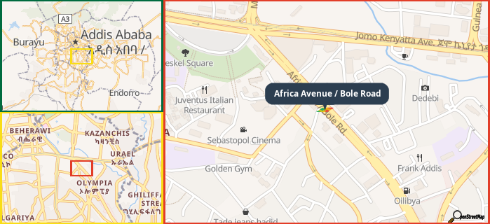 Map showing the address of Africa Avenue / Bole Road in three different zoom levels.