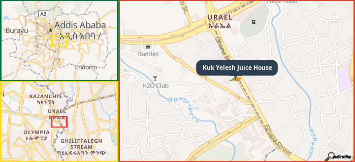 Map showing the address of Kuk Yelesh Juice House in three different zoom levels.