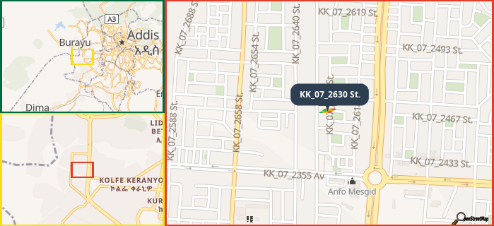 Map showing the address of KK_07_2630 St. in three different zoom levels.