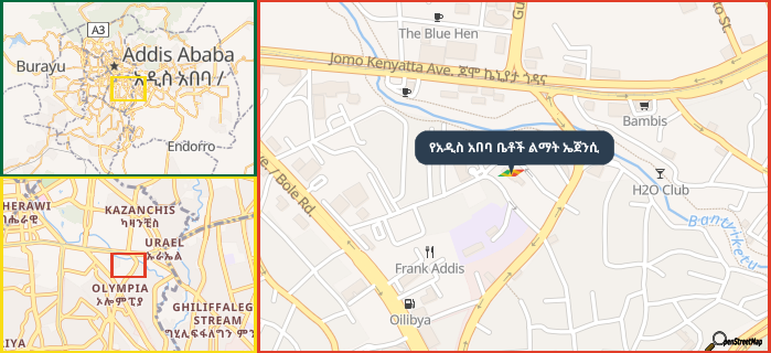 Map showing the address of የአዲስ አበባ ቤቶች ልማት ኤጀንሲ in three different zoom levels.