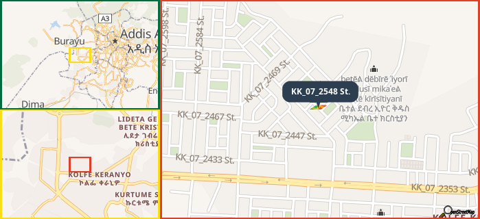 Map showing the address of KK_07_2548 St. in three different zoom levels.