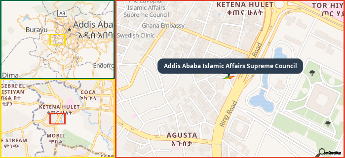 Map showing the address of Addis Ababa Islamic Affairs Supreme Council in three different zoom levels.