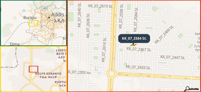 Map showing the address of KK_07_2584 St. in three different zoom levels.