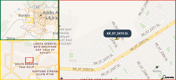 Map showing the address of KK_07_2474 St. in three different zoom levels.