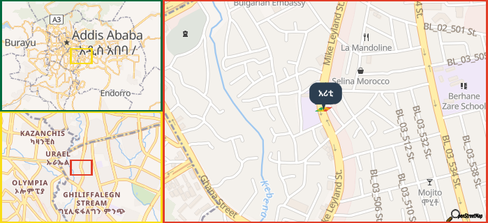 Map showing the address of አሪቲ in three different zoom levels.