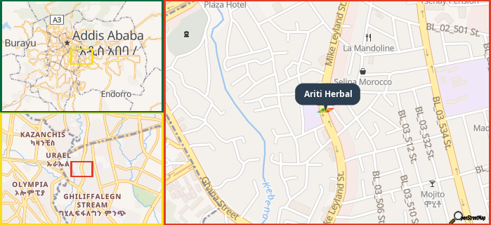 Map showing the address of Ariti Herbal in three different zoom levels.