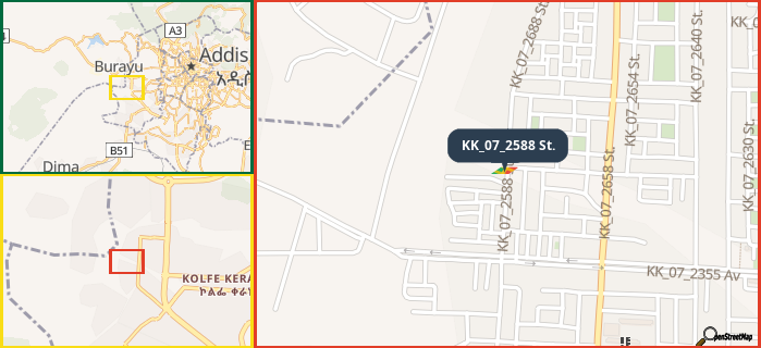 Map showing the address of KK_07_2588 St. in three different zoom levels.