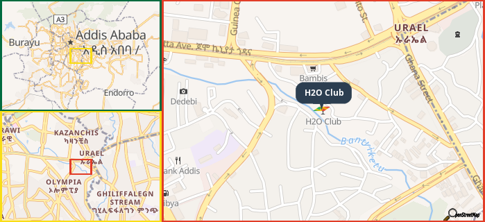 Map showing the address of H2O Club in three different zoom levels.