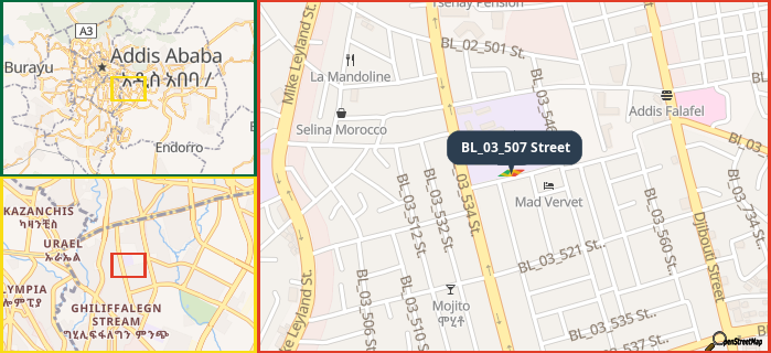 Map showing the address of BL_03_507 Street in three different zoom levels.