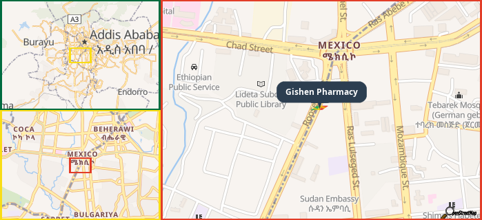 Map showing the address of Gishen Pharmacy in three different zoom levels.