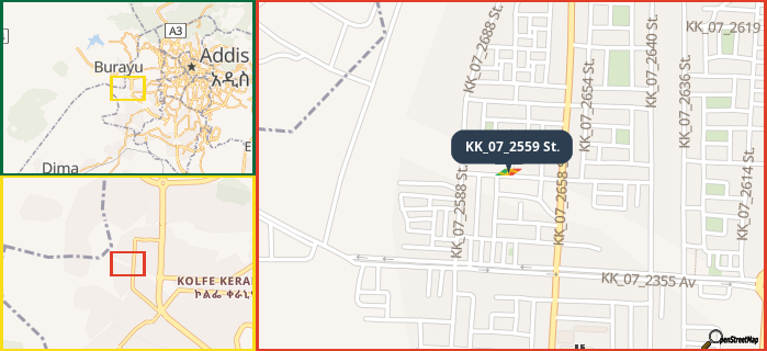 Map showing the address of KK_07_2559 St. in three different zoom levels.