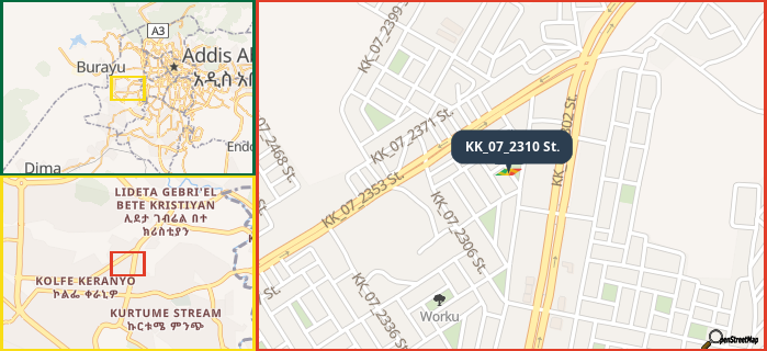 Map showing the address of KK_07_2310 St. in three different zoom levels.