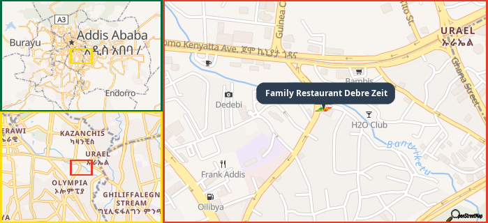 Map showing the address of Family Restaurant Debre Zeit in three different zoom levels.