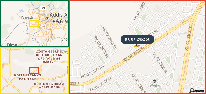 Map showing the address of KK_07_2462 St. in three different zoom levels.