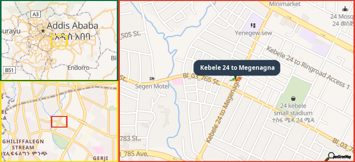 Map showing the address of Kebele 24 to Megenagna in three different zoom levels.