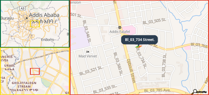 Map showing the address of Bl_03_734 Street. in three different zoom levels.