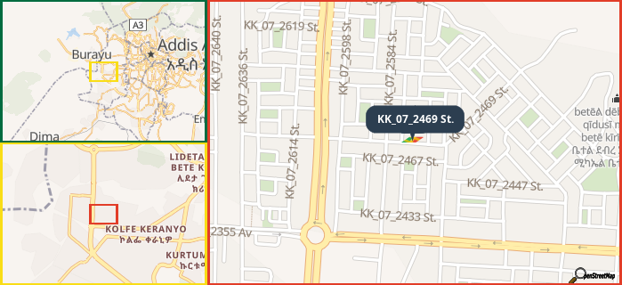 Map showing the address of KK_07_2469 St. in three different zoom levels.