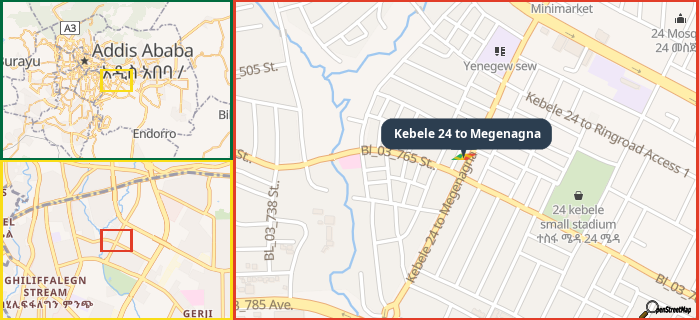 Map showing the address of Kebele 24 to Megenagna in three different zoom levels.