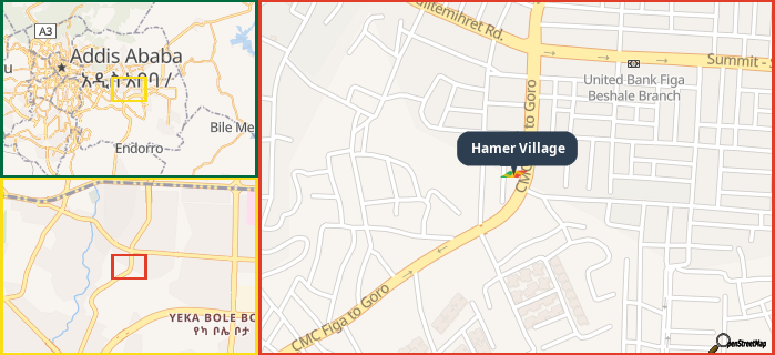 Map showing the address of Hamer Village in three different zoom levels.