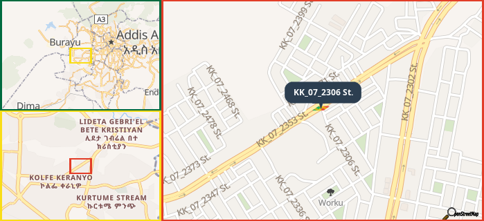 Map showing the address of KK_07_2306 St. in three different zoom levels.