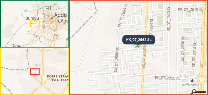 Map showing the address of KK_07_2662 St. in three different zoom levels.