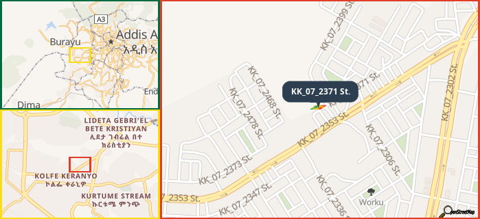 Map showing the address of KK_07_2371 St. in three different zoom levels.