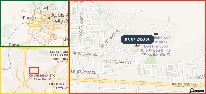 Map showing the address of KK_07_2453 St. in three different zoom levels.