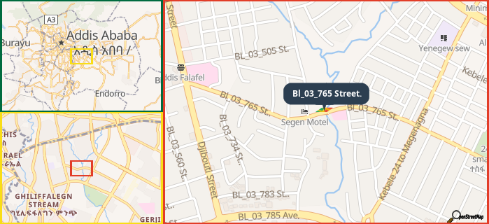 Map showing the address of Bl_03_765 Street. in three different zoom levels.