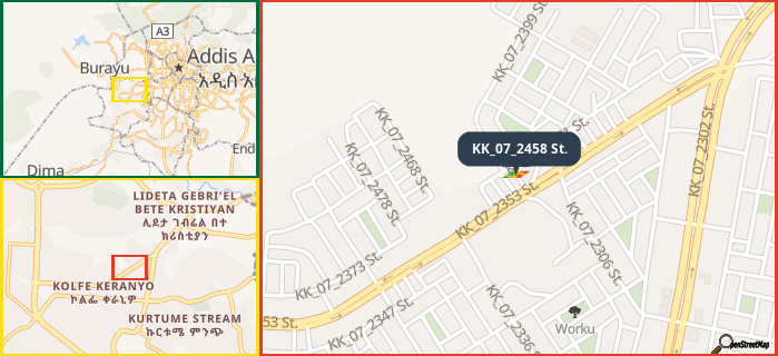 Map showing the address of KK_07_2458 St. in three different zoom levels.