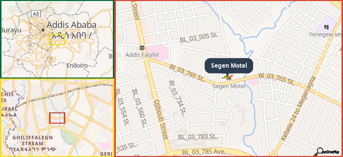 Map showing the address of Segen Motel in three different zoom levels.