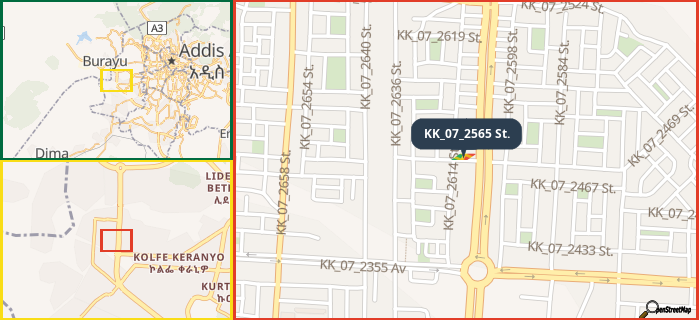 Map showing the address of KK_07_2565 St. in three different zoom levels.