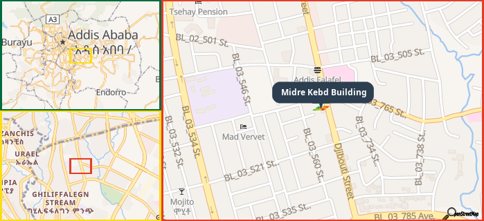 Map showing the address of Midre Kebd Building in three different zoom levels.