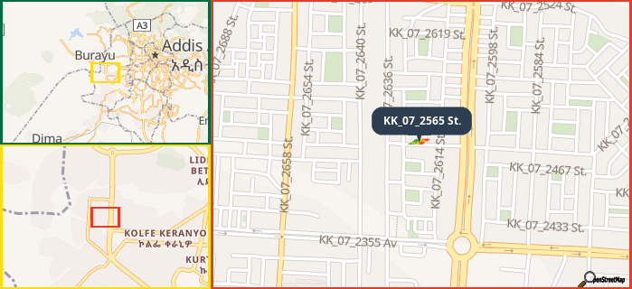 Map showing the address of KK_07_2565 St. in three different zoom levels.