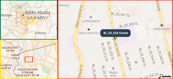 Map showing the address of BL_03_534 Street in three different zoom levels.
