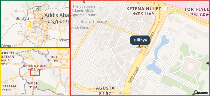 Map showing the address of Oilibya in three different zoom levels.