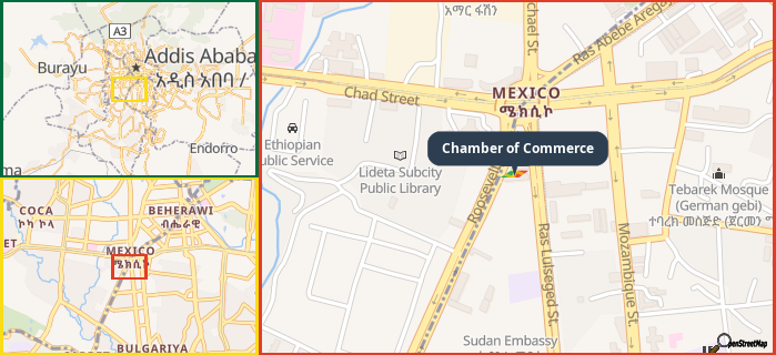 Map showing the address of Chamber of Commerce in three different zoom levels.