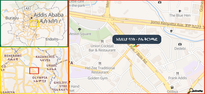 Map showing the address of አቢሲኒያ ባንክ - ቦሌ ቅርንጫፎ in three different zoom levels.