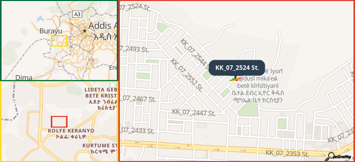 Map showing the address of KK_07_2524 St. in three different zoom levels.