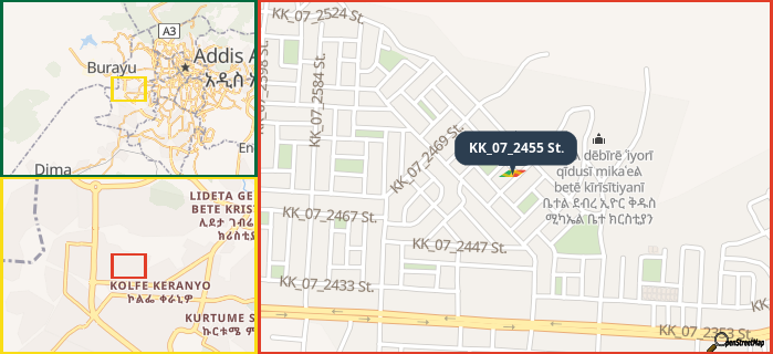 Map showing the address of KK_07_2455 St. in three different zoom levels.