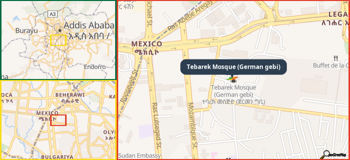 Map showing the address of Tebarek Mosque (German gebi) in three different zoom levels.