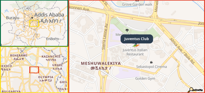 Map showing the address of Juventus Club in three different zoom levels.